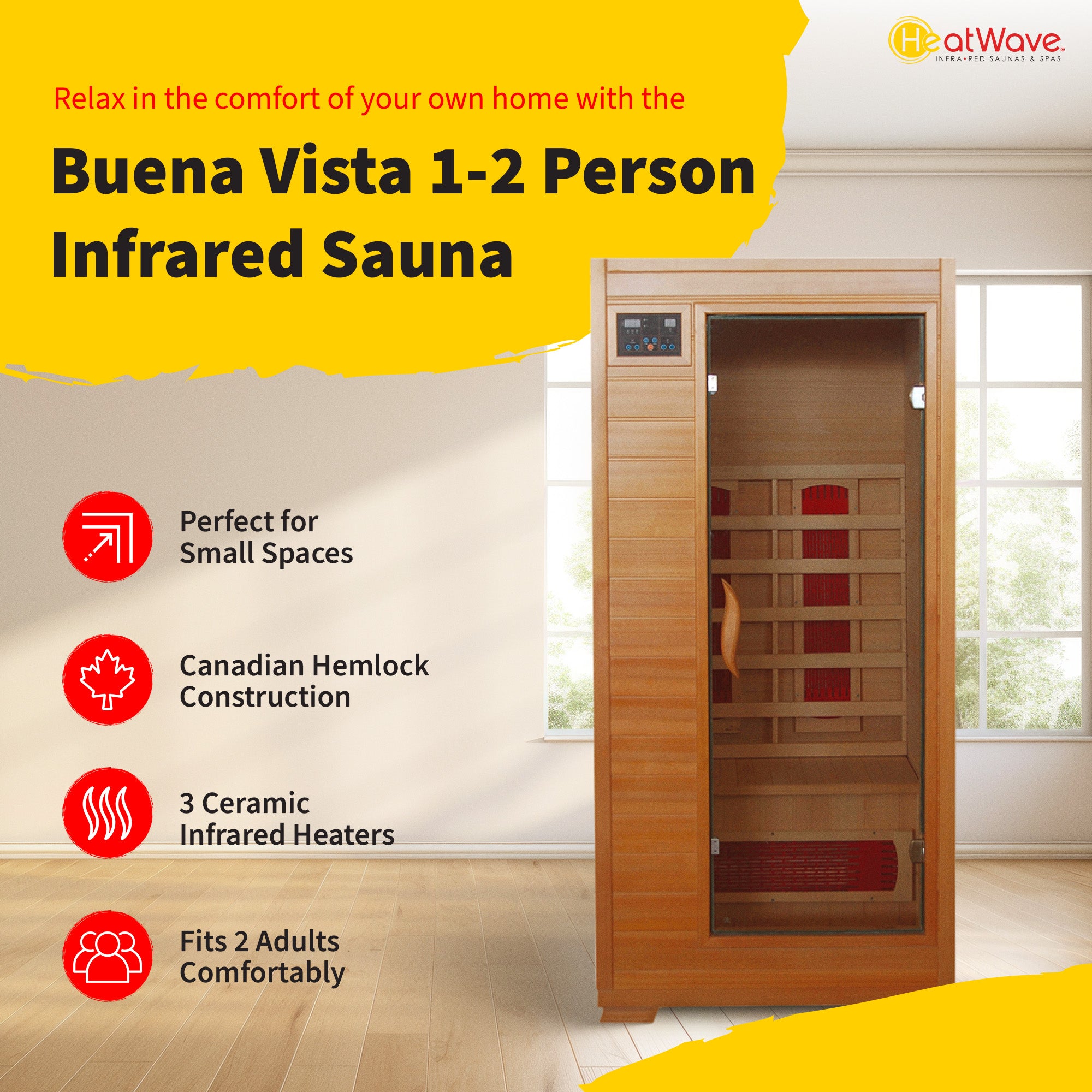 Buena Vista 1-2 Person Hemlock Infrared Sauna with 3 Ceramic Heaters