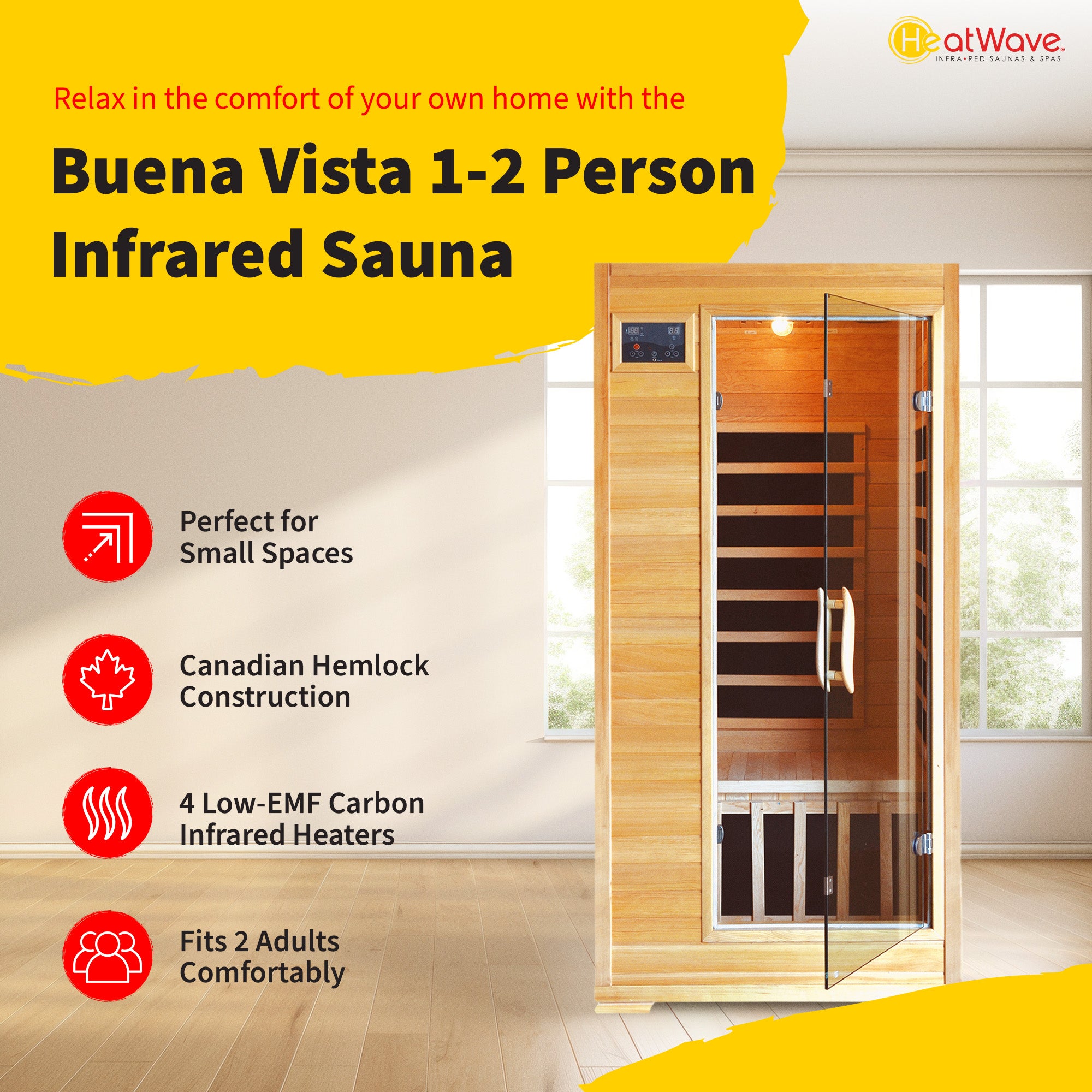 Buena Vista 1-2 Person Hemlock Infrared Sauna with 4 Carbon Heaters
