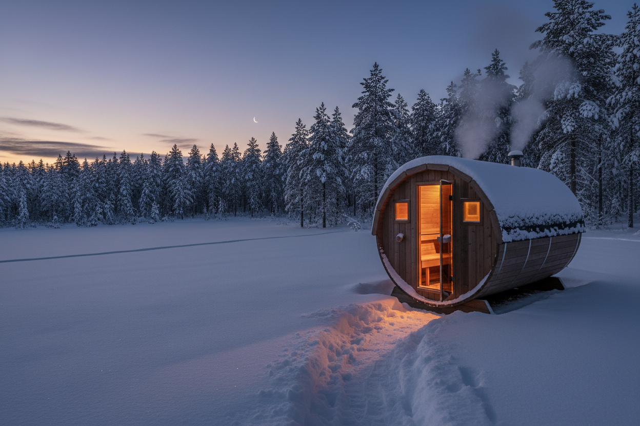 barrel sauna in the snow in the evening